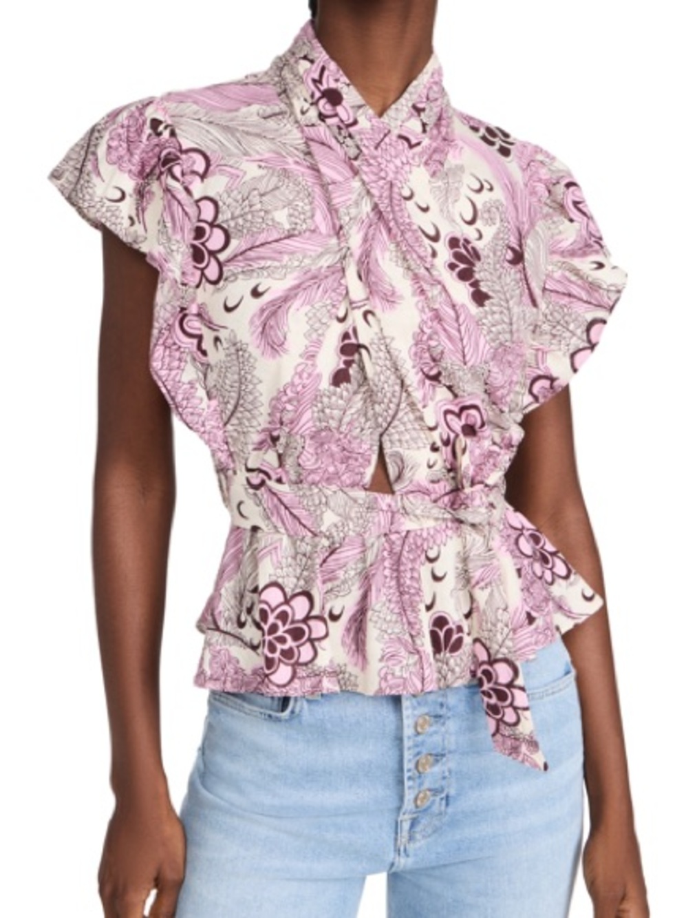 DEREK LAM 10 CROSBY Brynn Ruffle Top Pink Floral Tie-Waist Flutter Sleeve Blouse